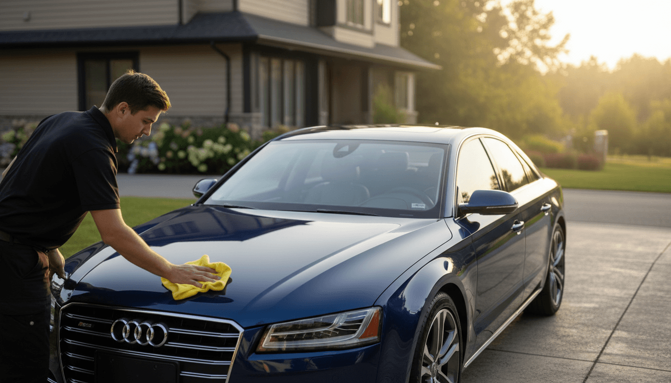 Professional detailer buffing a luxury sedan's hood on a residential driveway, with perfect paint shine and protective sealant visible