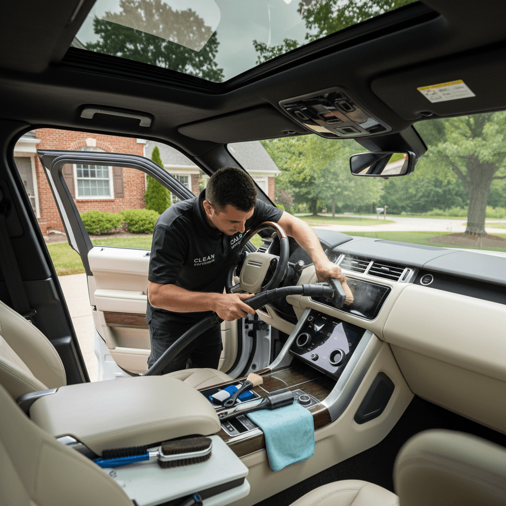 Technician vacuuming a car's dashboard in a mobile detailing service