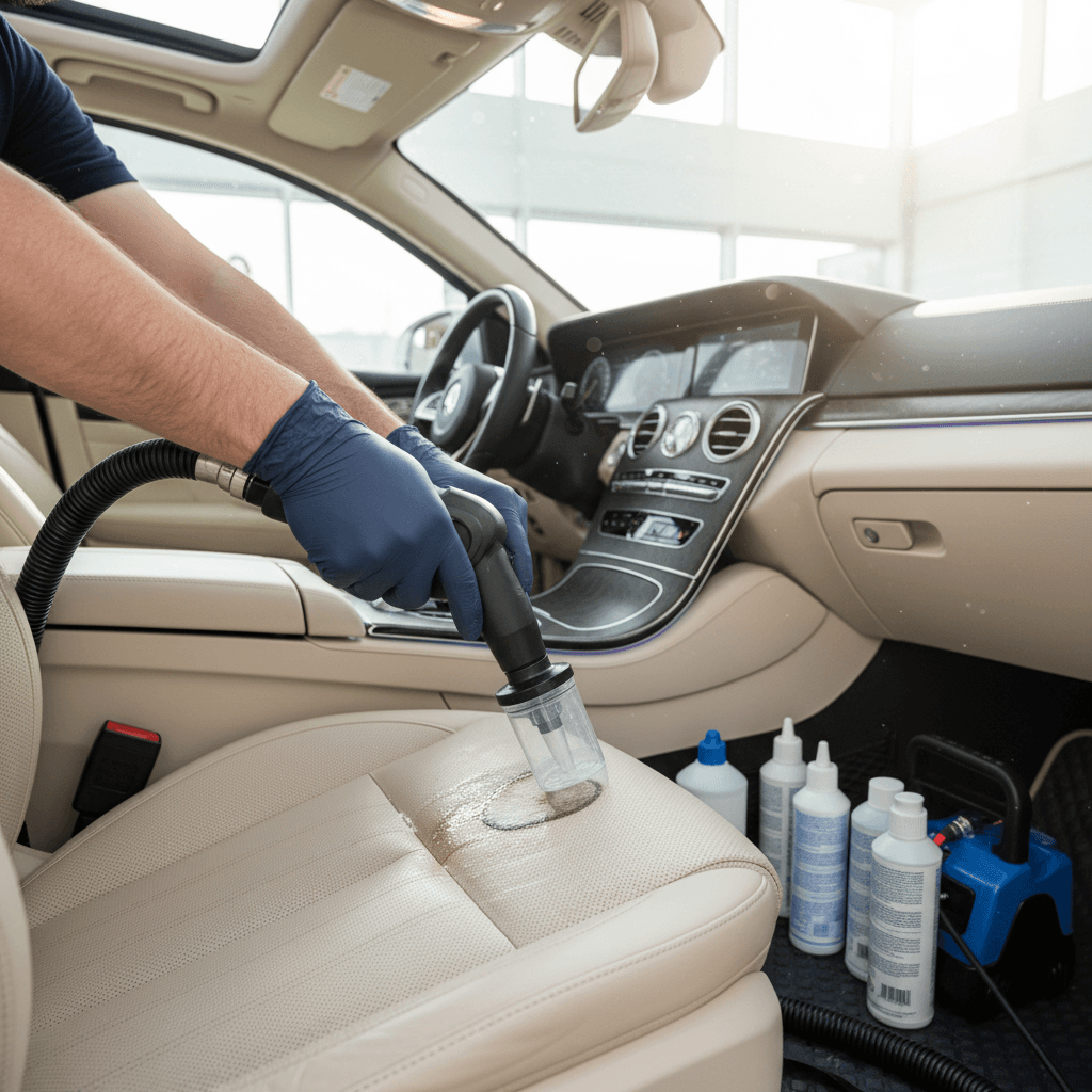 Technician performing stain treatment on a car's fabric seat using professional equipment