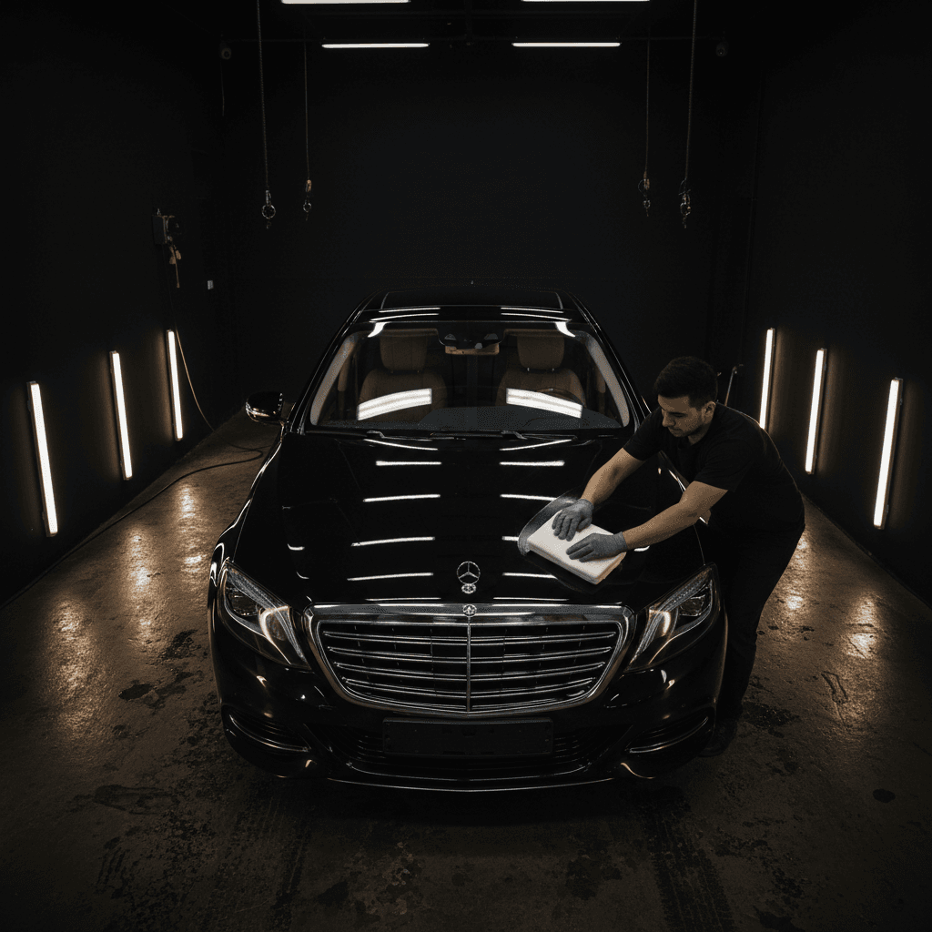 Exterior detail - clay bar treatment on luxury vehicle