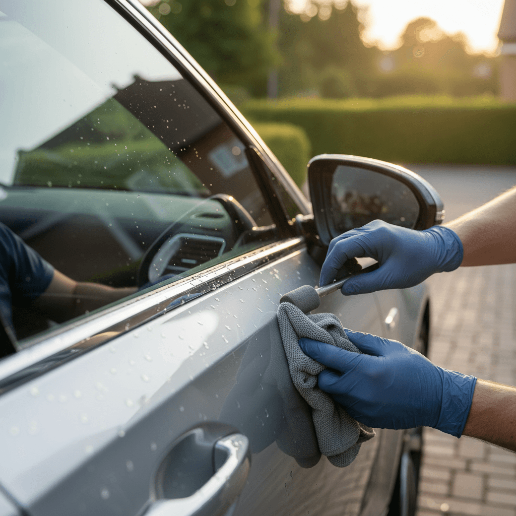 Professional technician hand-washing a luxury vehicle at a Bethesda residence