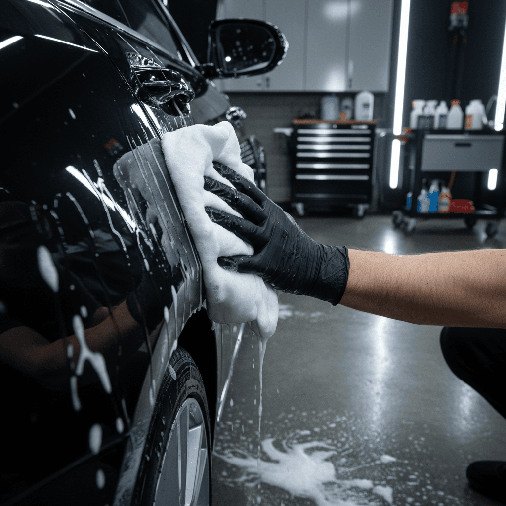 Detailer's hands washing luxury sedan with microfiber mitt, creating foam and water beads on glossy black paint